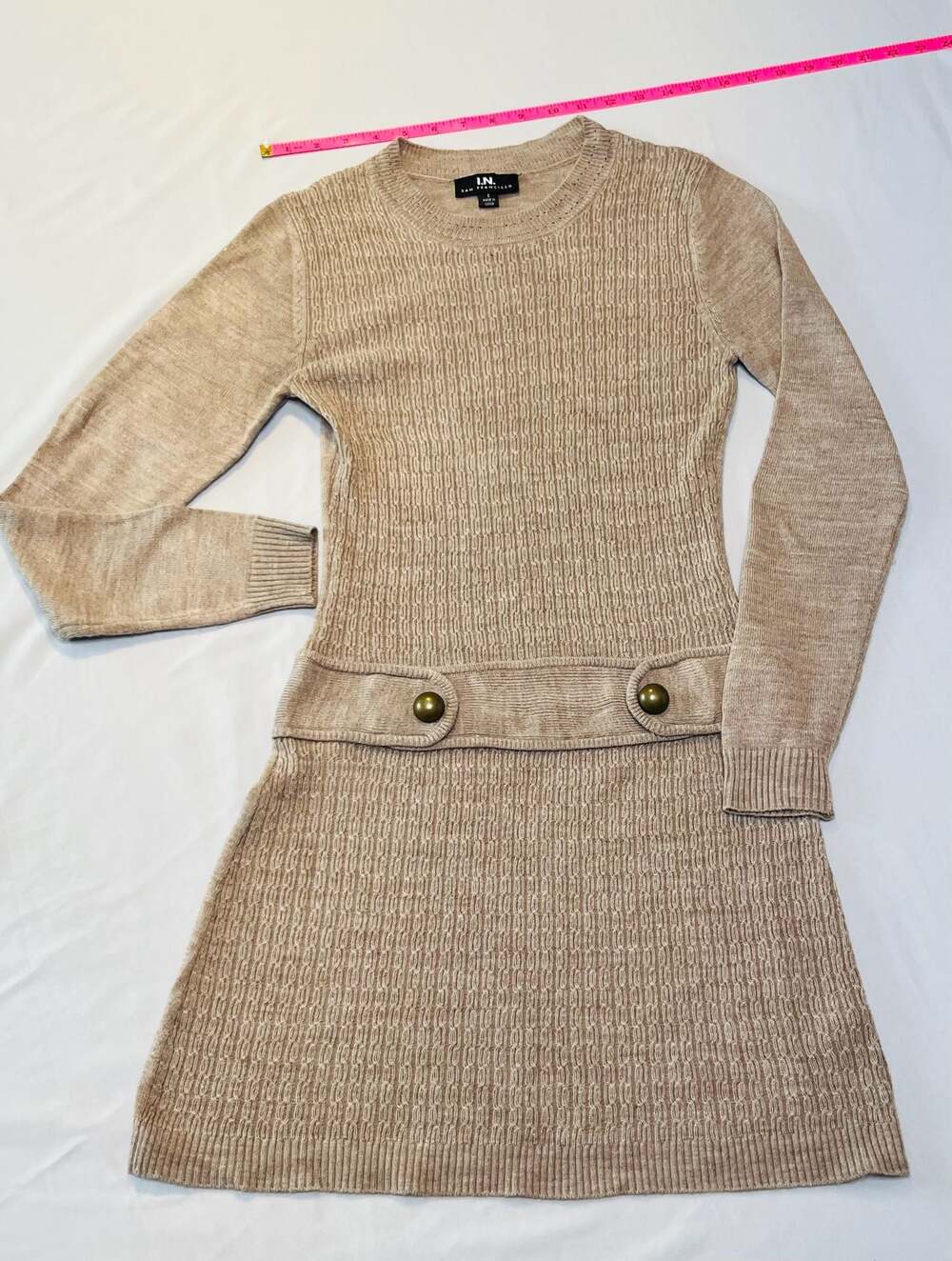 Y2K Tan Sweater Dress Gold Button Detail Preppy Knit Mini Dress